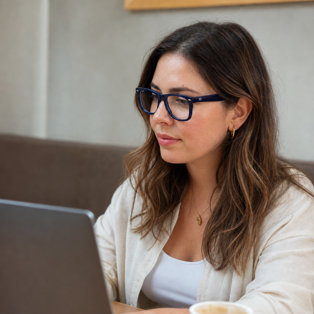 Mujer usando marco óptico Atlantico Azul con filtro azul - Buhu Eyewear