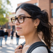 Mujer usando marco óptico Atlantico Carey con filtro azul - Buhu Eyewear