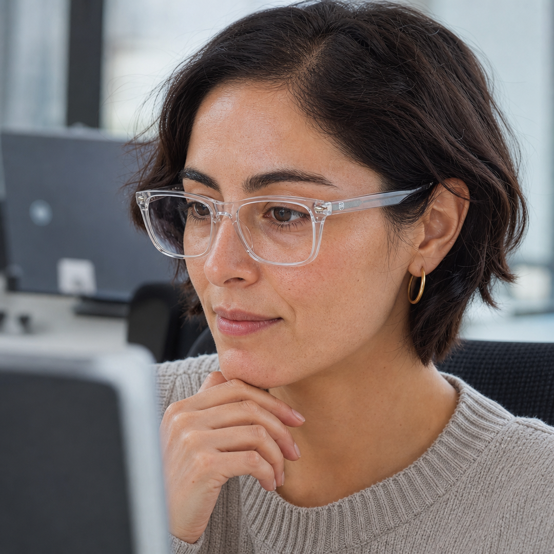 Mujer usando marco óptico Atlantico Transparente con filtro azul - Buhu Eyewear
