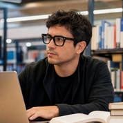Hombre usando marco óptico Andes Negro con filtro azul - Buhu Eyewear