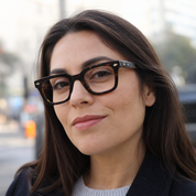 Mujer usando marco óptico Andes Carey con filtro azul - Buhu Eyewear