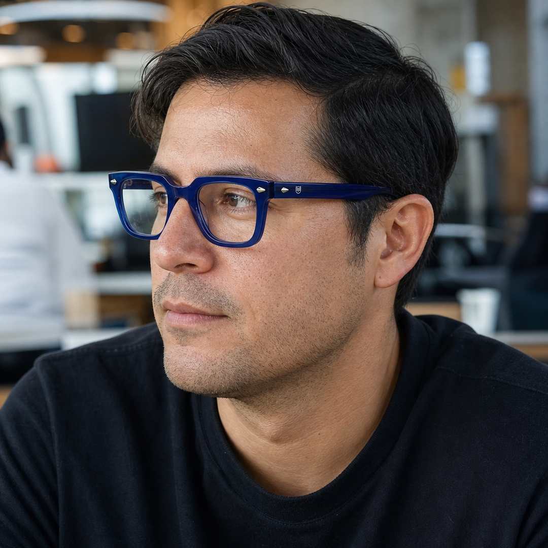 Hombre usando marco óptico Andes Azul con filtro azul - Buhu Eyewear