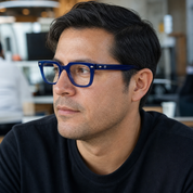 Hombre usando marco óptico Andes Azul con filtro azul - Buhu Eyewear