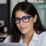 Mujer usando marco óptico Andes Azul con filtro azul - Buhu Eyewear