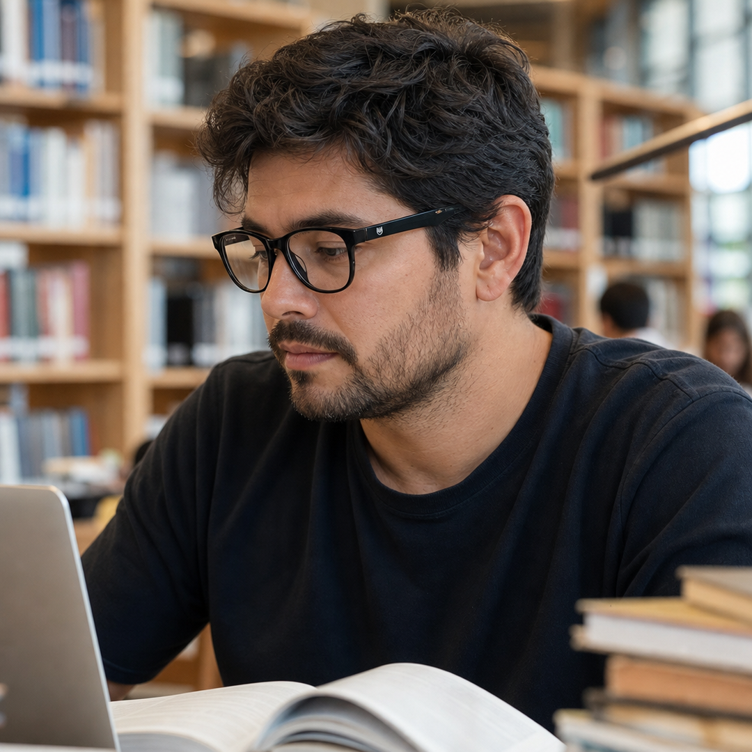 Hombre usando marco óptico Axis Negro con filtro azul - Buhu Eyewear