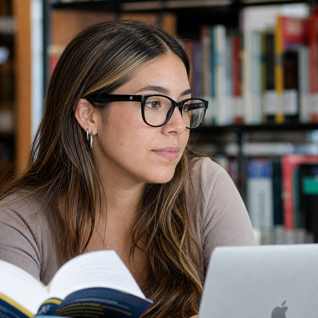Mujer usando marco óptico Axis Negro con filtro azul - Buhu Eyewear