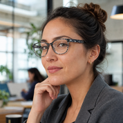 Mujer usando marco óptico Axis Gris con filtro azul - Buhu Eyewear