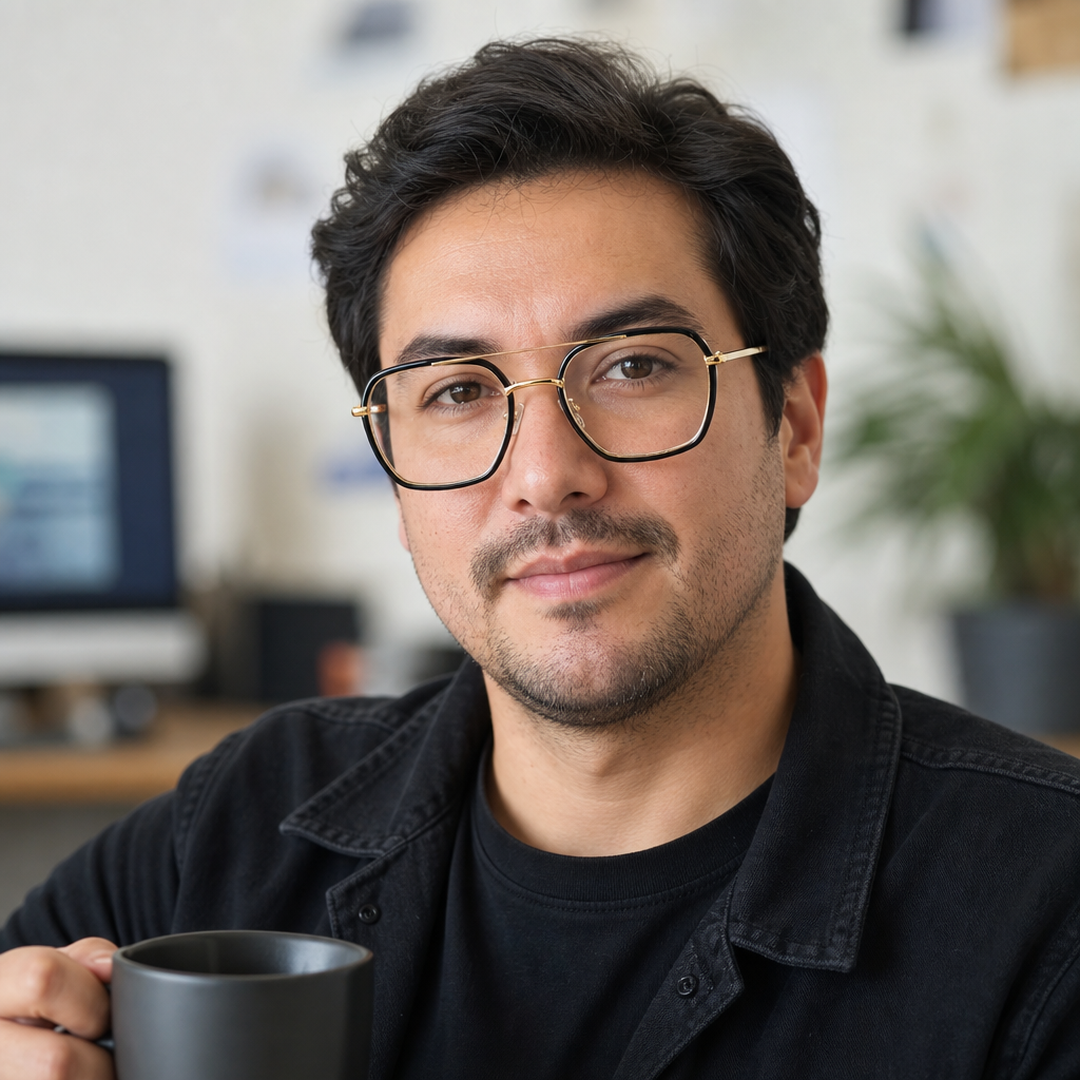 Hombre usando marco óptico Huxley Negro con filtro azul - Buhu Eyewear