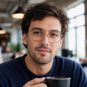 Hombre usando marco óptico Huxley Olivo con filtro azul - Buhu Eyewear