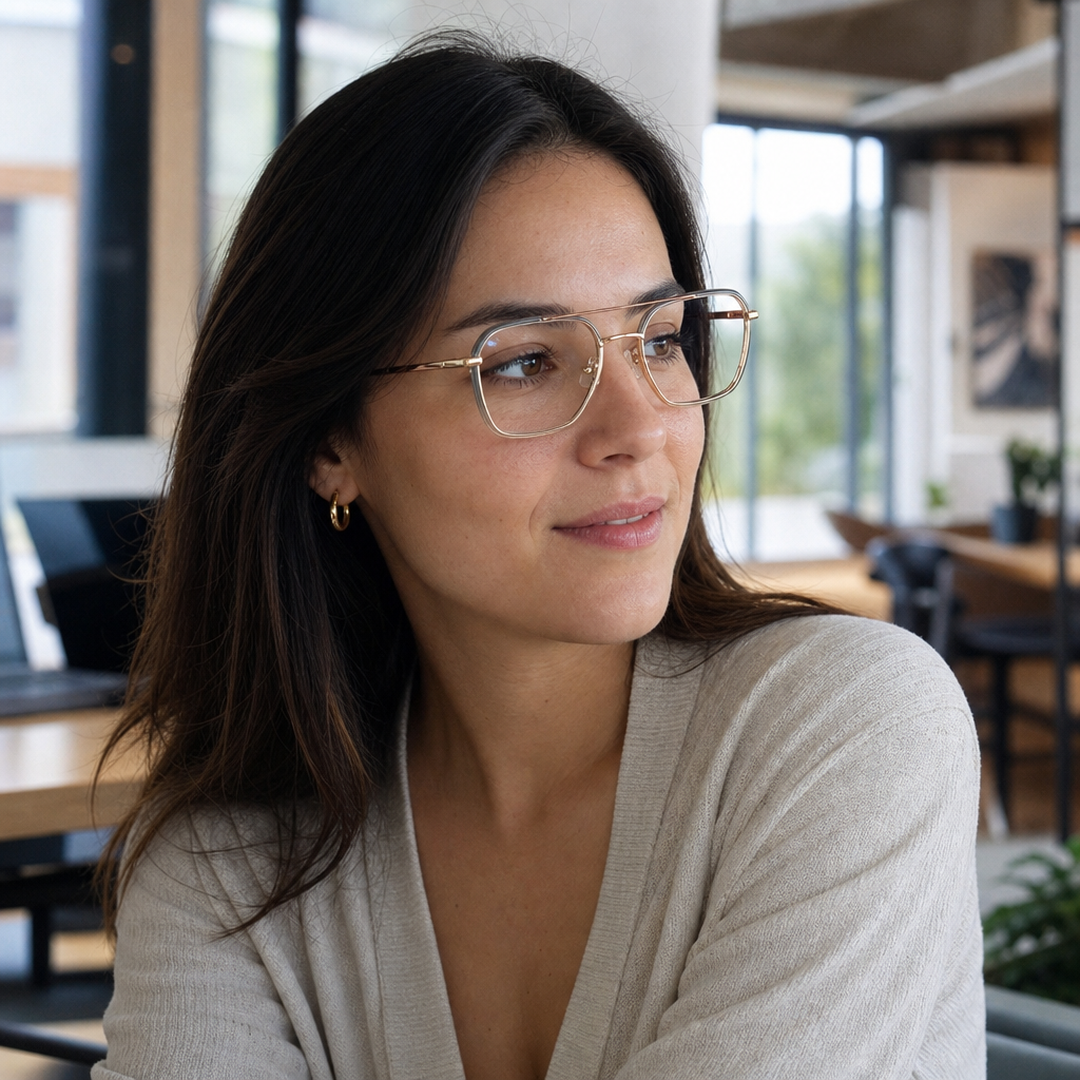Mujer usando marco óptico Huxley Olivo con filtro azul - Buhu Eyewear