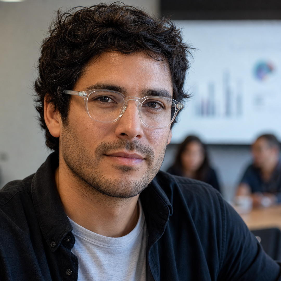 Hombre usando marco óptico Nova Sluis Negro con filtro azul - Buhu Eyewear