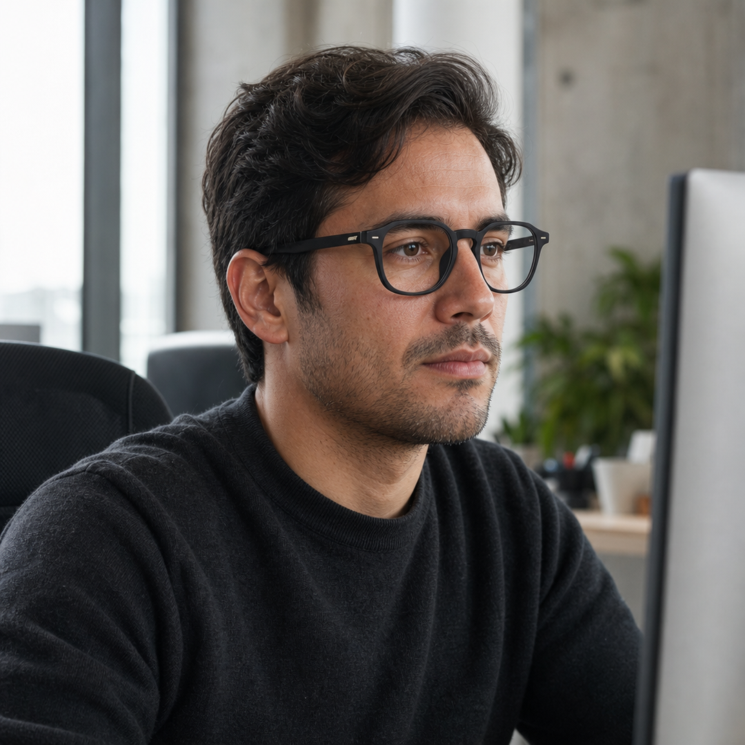 Hombre usando marco óptico Nova Sluis Transparente con filtro azul - Buhu Eyewear