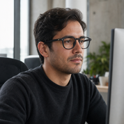 Hombre usando marco óptico Nova Sluis Transparente con filtro azul - Buhu Eyewear