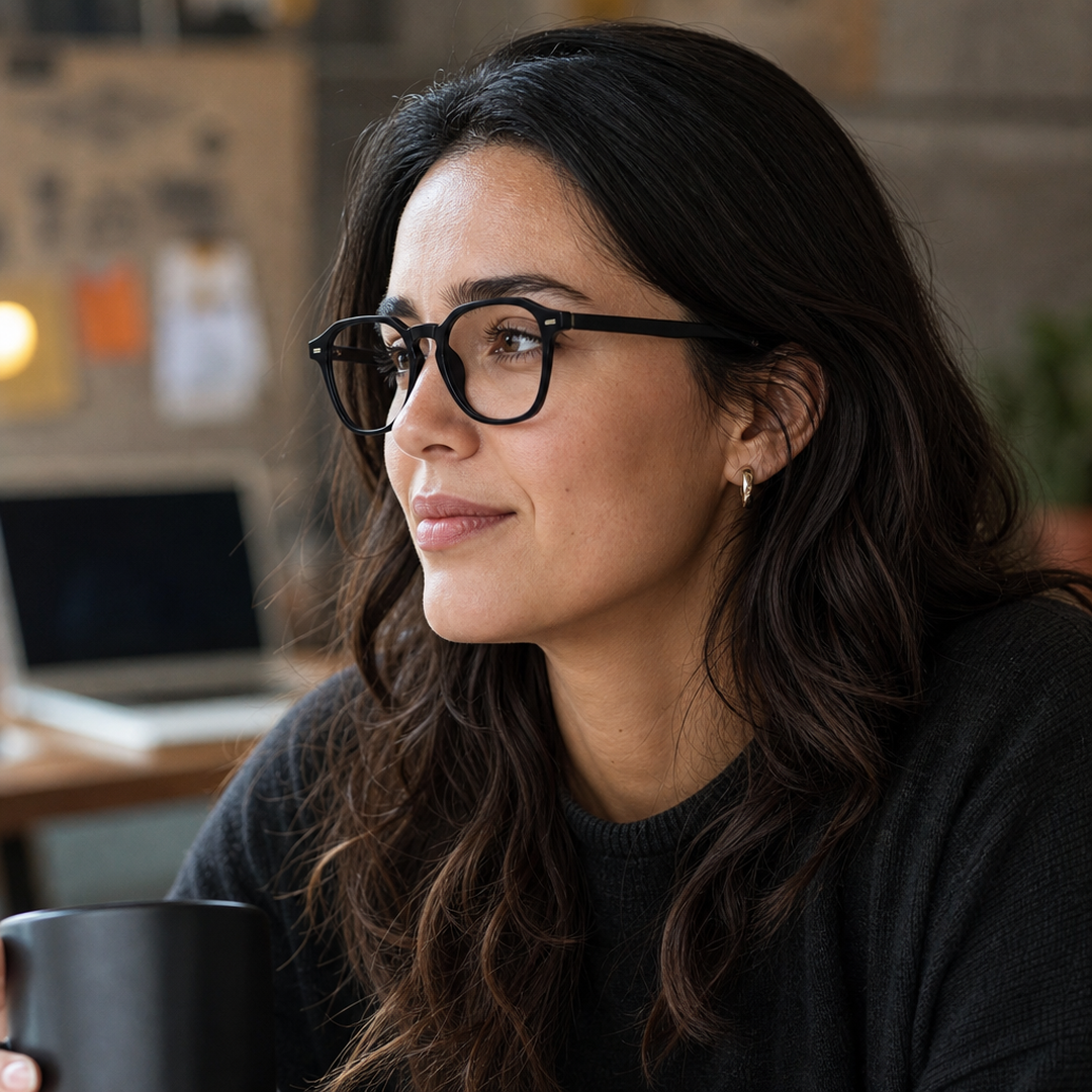 Mujer usando marco óptico Nova Sluis Transparente con filtro azul - Buhu Eyewear