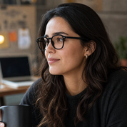Mujer usando marco óptico Nova Sluis Transparente con filtro azul - Buhu Eyewear
