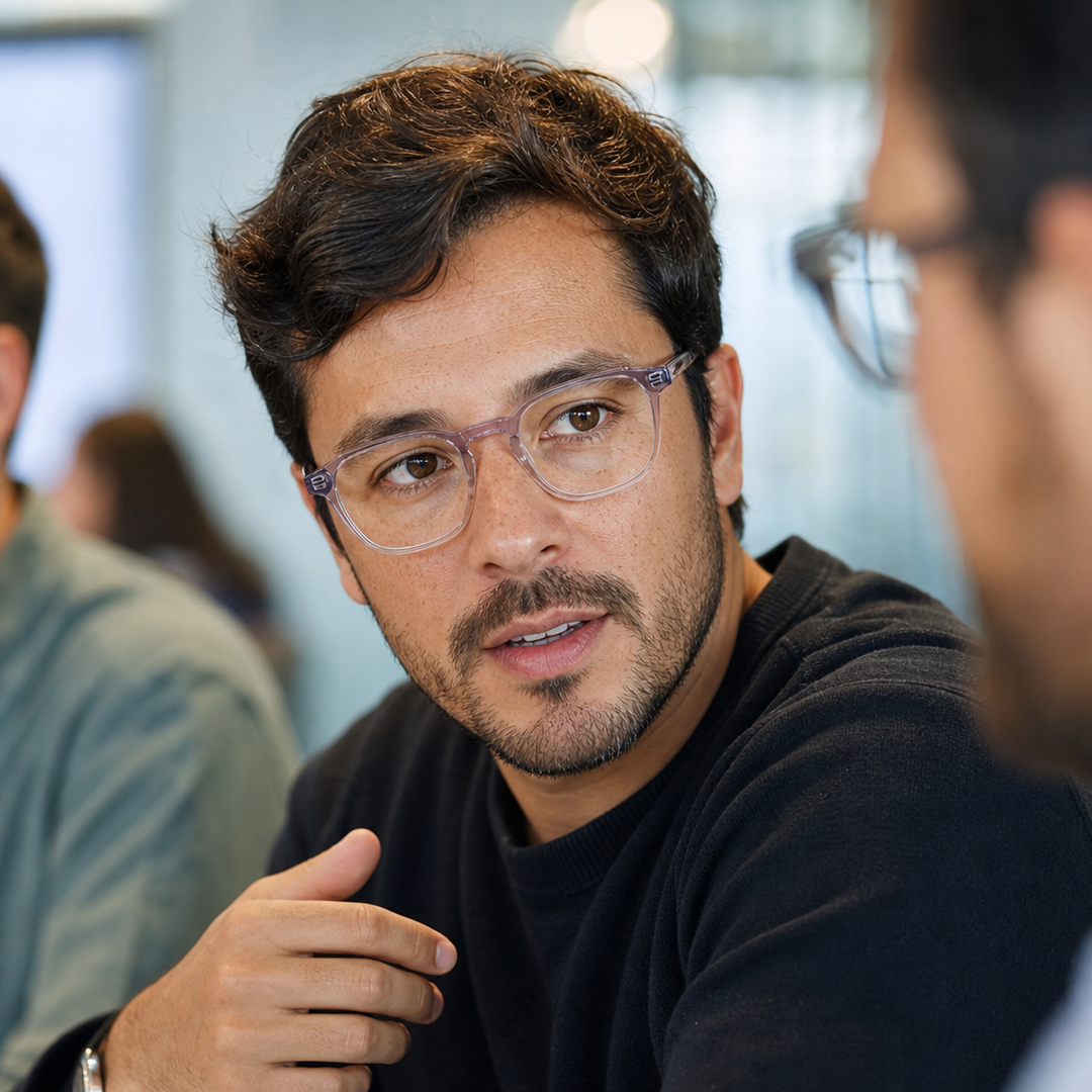 Hombre usando marco óptico Nova Sluis Purpura con filtro azul - Buhu Eyewear
