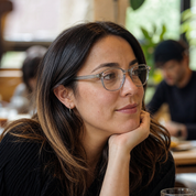 Mujer usando marco óptico Nova Sluis Gris con filtro azul - Buhu Eyewear