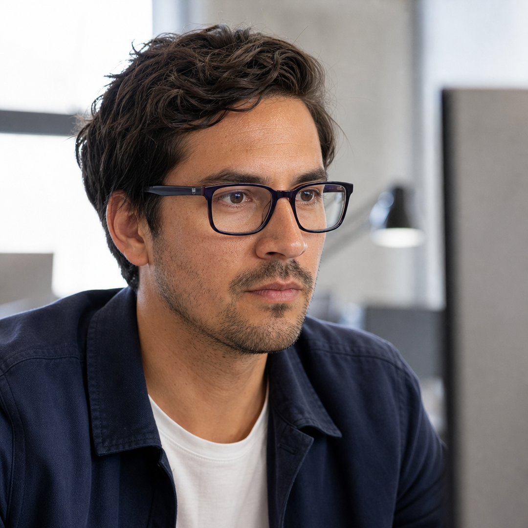 Hombre usando marco óptico Fernando Azul con filtro azul - Buhu Eyewear