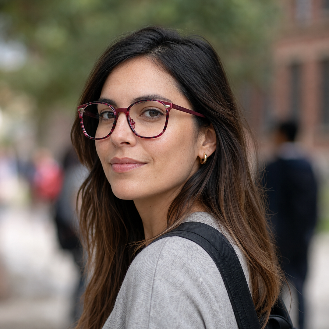 Mujer usando marco óptico Puerto Varas Púrpura con filtro azul - Buhu Eyewear