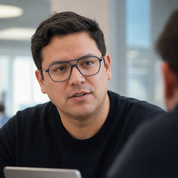 Hombre usando marco óptico Klar Azul con filtro azul - Buhu Eyewear