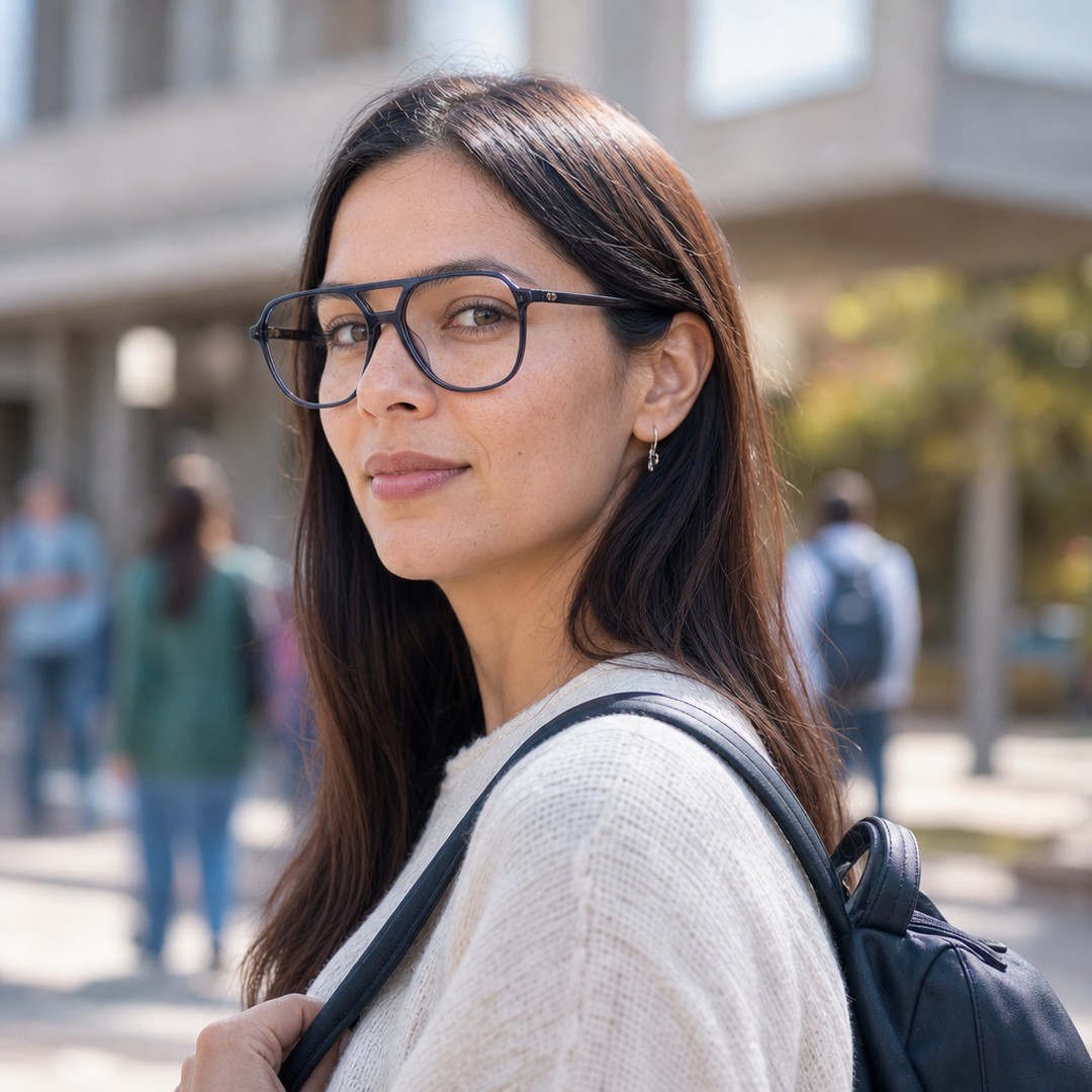 Mujer usando marco óptico Klar Azul con filtro azul - Buhu Eyewear