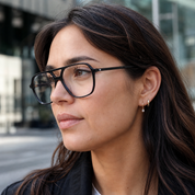 Mujer usando marco óptico Klar Negro con filtro azul - Buhu Eyewear