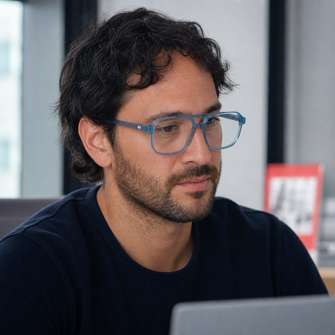 Hombre usando marco óptico Urban Azul con filtro azul - Buhu Eyewear