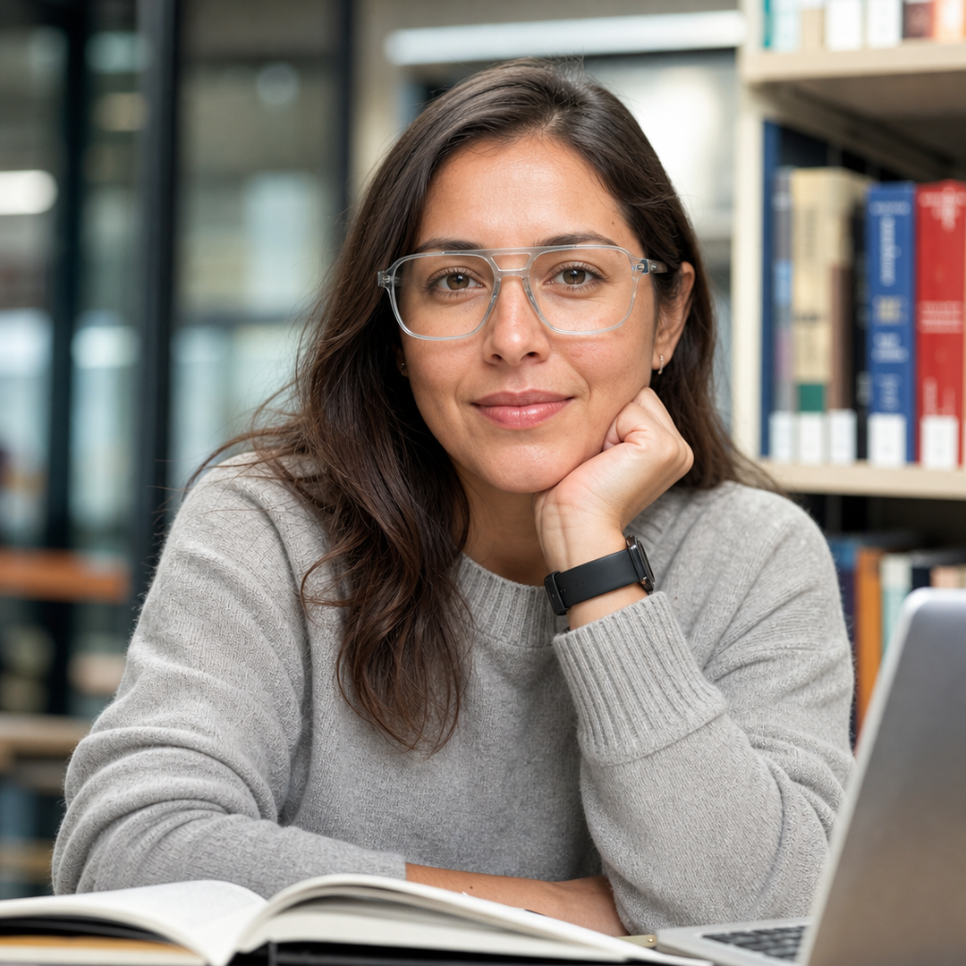 Mujer usando marco óptico Urban Verde con filtro azul - Buhu Eyewear