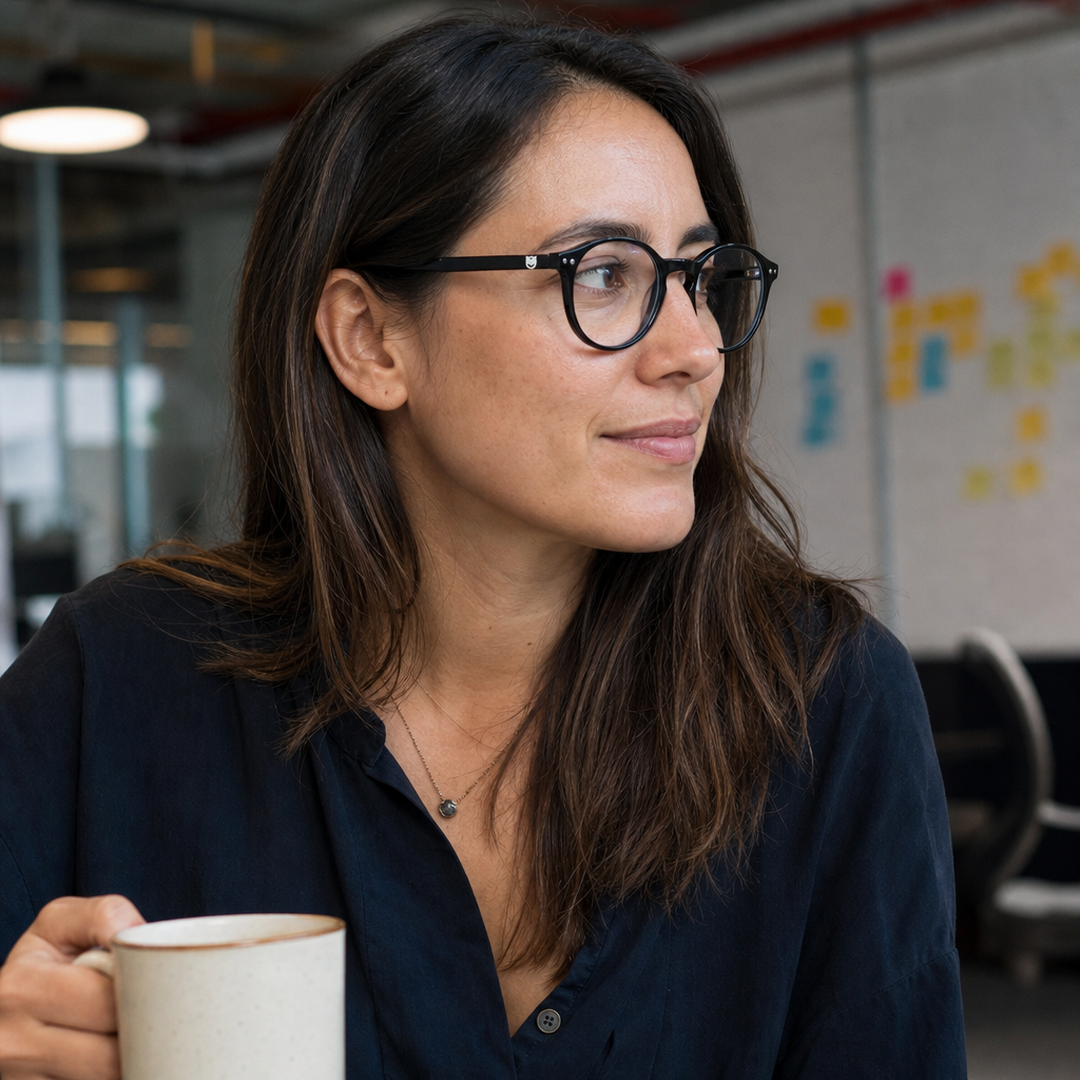 Mujer usando marco óptico Harry Negro con filtro azul - Buhu Eyewear