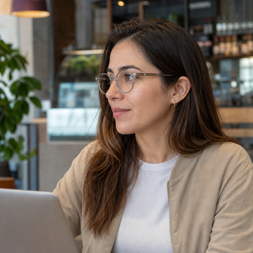 Mujer usando marco óptico Harry Gris con filtro azul - Buhu Eyewear