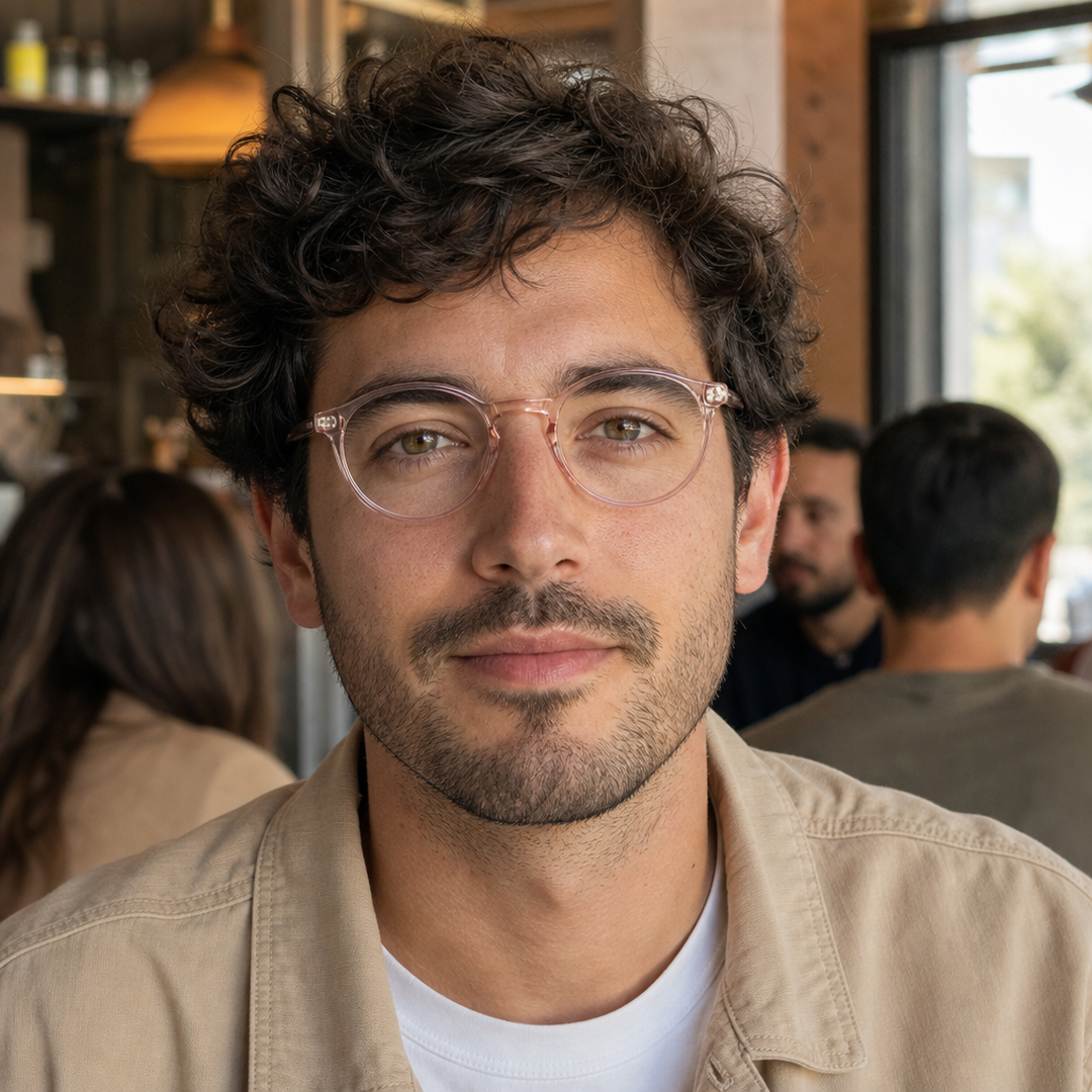 Hombre usando marco óptico Harry Rosa con filtro azul - Buhu Eyewear