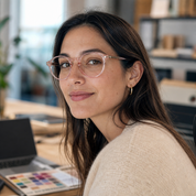 Mujer usando marco óptico Harry Rosa con filtro azul - Buhu Eyewear