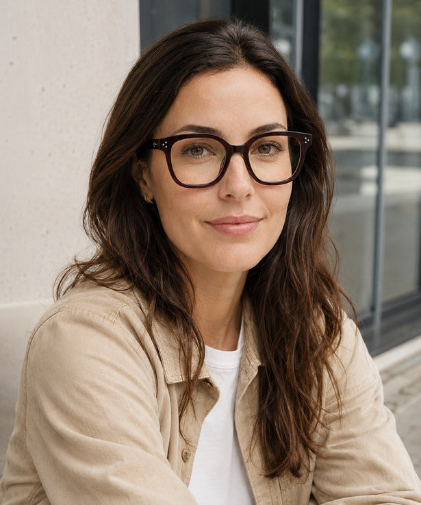 Achao marco óptico acetato Rojo filtro luz azul - Buhu Eyewear - en uso diario lifestyle