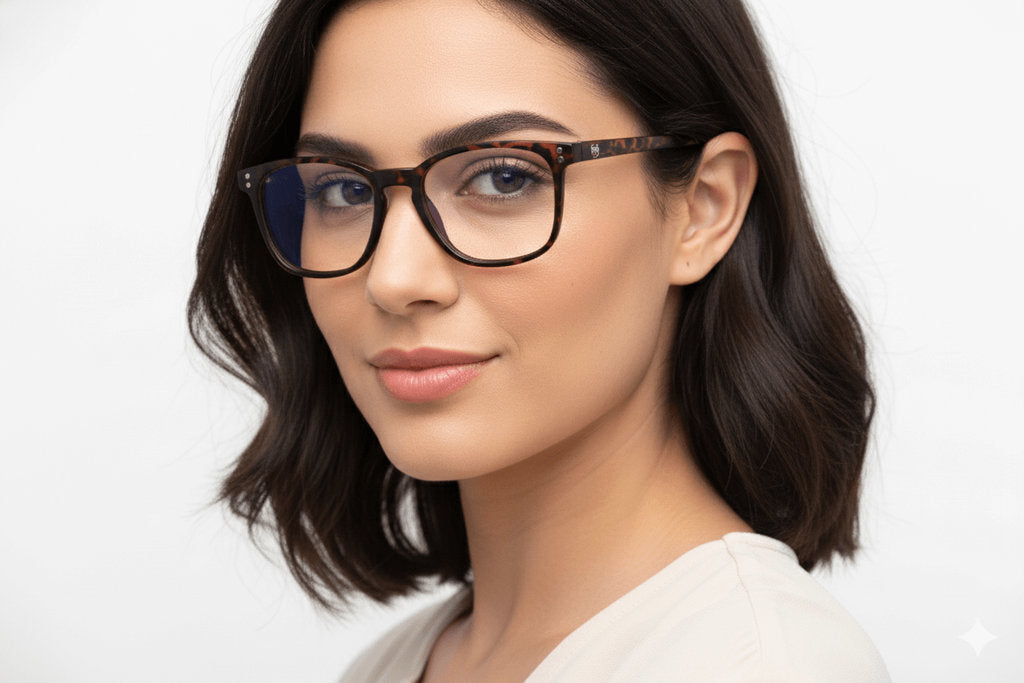 Loreley lentes de lectura filtro luz azul Carey - Buhu Eyewear - en uso diario