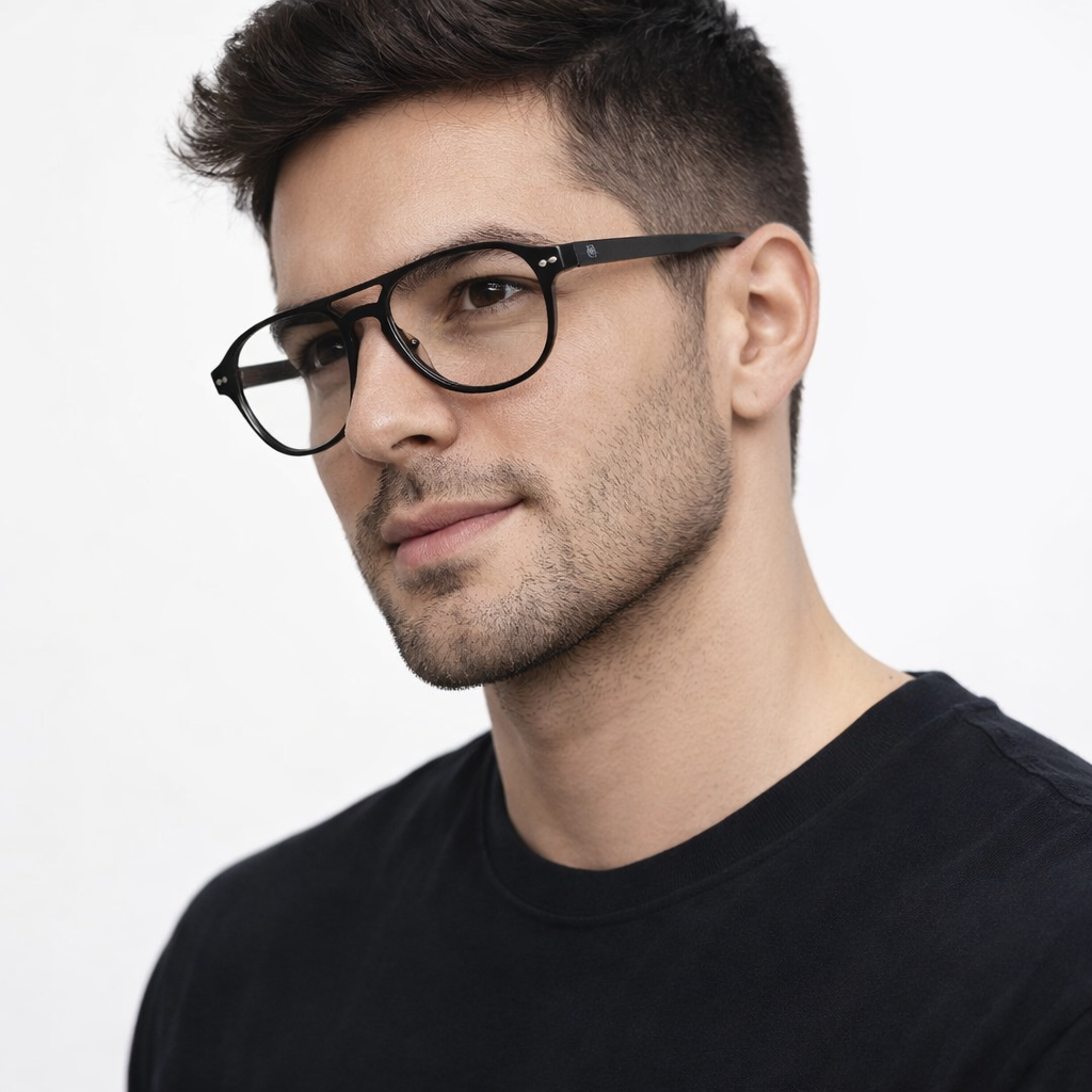 Quinteros marco óptico acetato aviador Negro filtro luz azul - Buhu Eyewear - en uso diario
